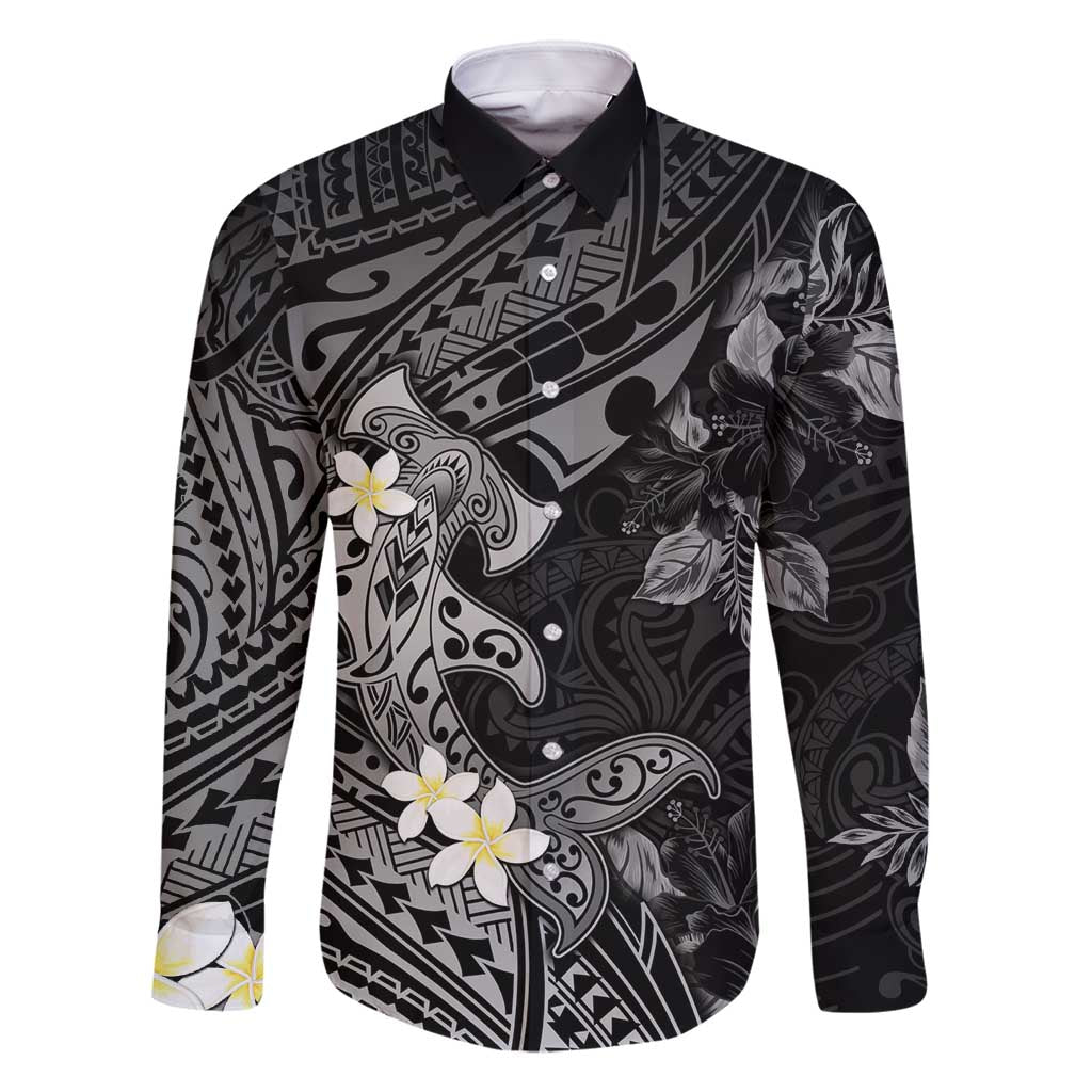 Polynesia Hammerhead Shark Family Matching Off Shoulder Maxi Dress and Hawaiian Shirt Tropical Flowers Tribal Pattern Black LT05 Dad's Shirt - Long Sleeve Black - Polynesian Pride