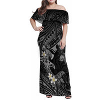 Polynesia Hammerhead Shark Family Matching Off Shoulder Maxi Dress and Hawaiian Shirt Tropical Flowers Tribal Pattern Black LT05 Mom's Dress Black - Polynesian Pride