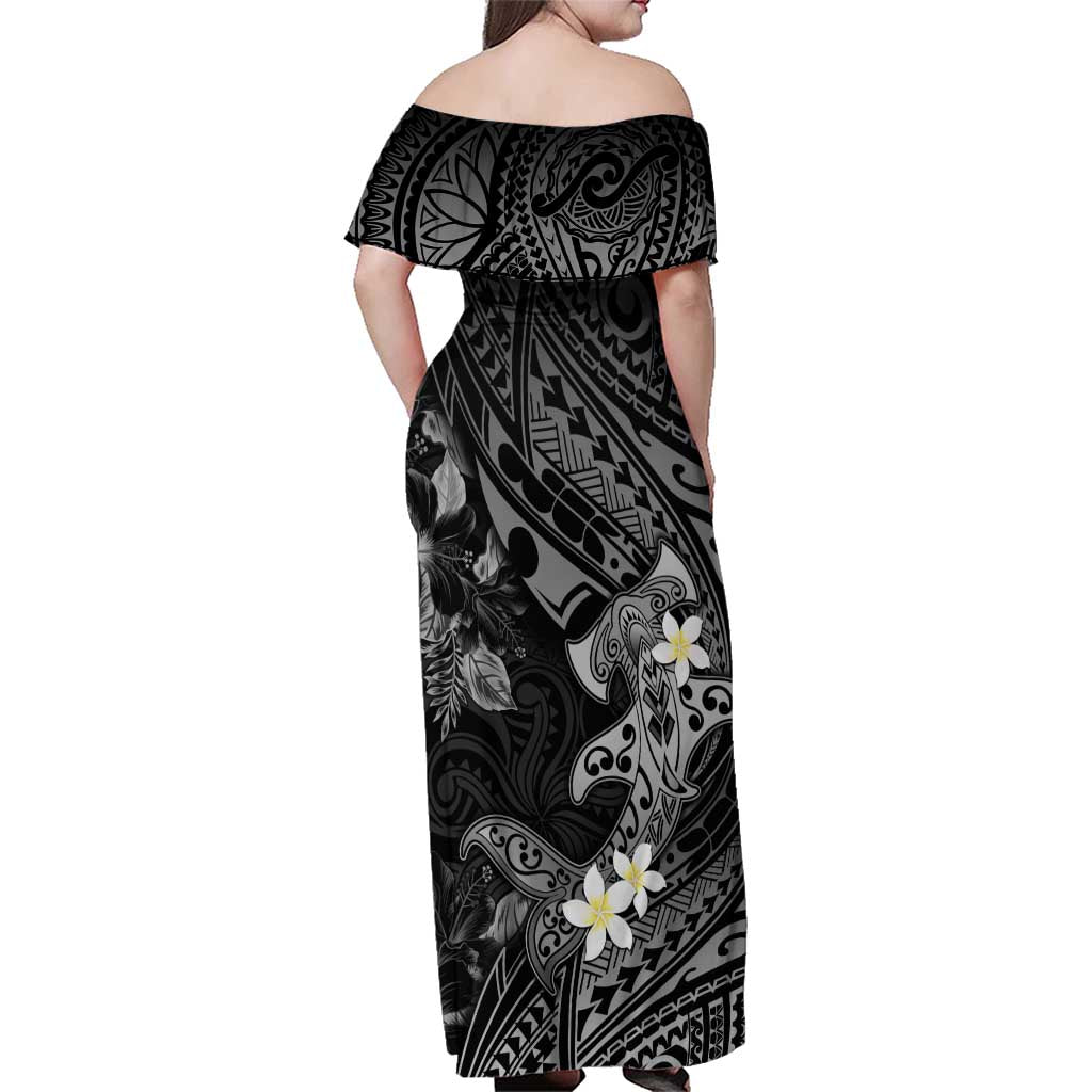 Polynesia Hammerhead Shark Family Matching Off Shoulder Maxi Dress and Hawaiian Shirt Tropical Flowers Tribal Pattern Black LT05 - Polynesian Pride