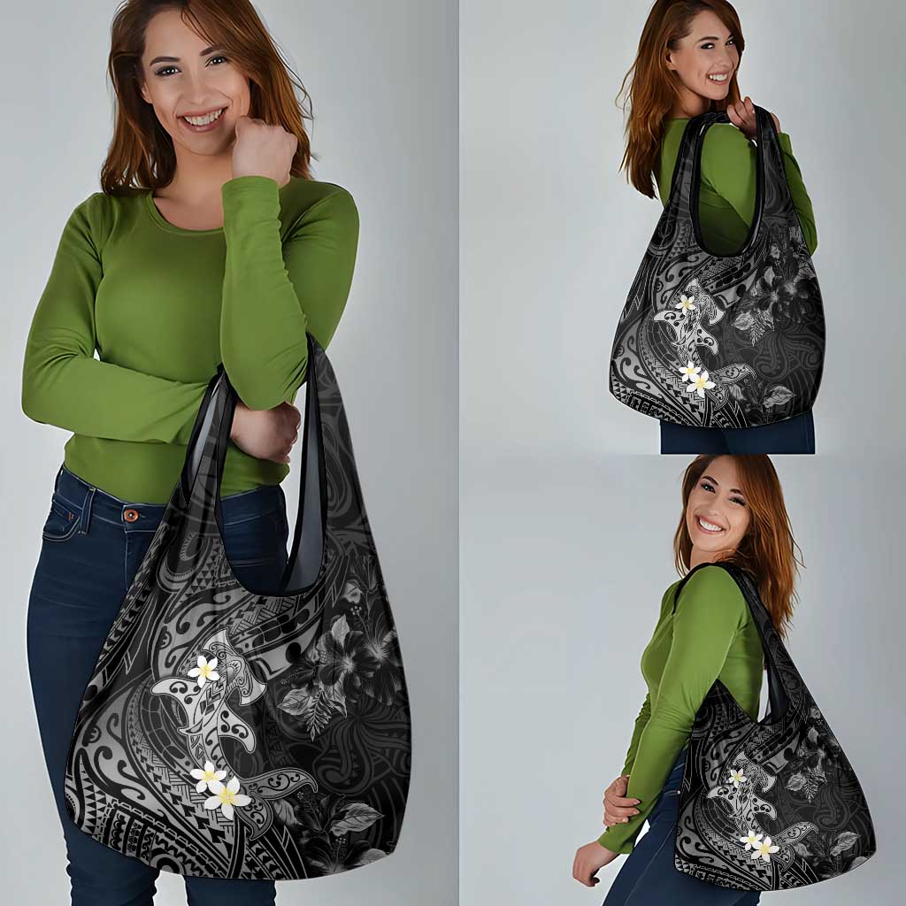 Polynesia Hammerhead Shark Grocery Bag Tropical Flowers Tribal Pattern Black