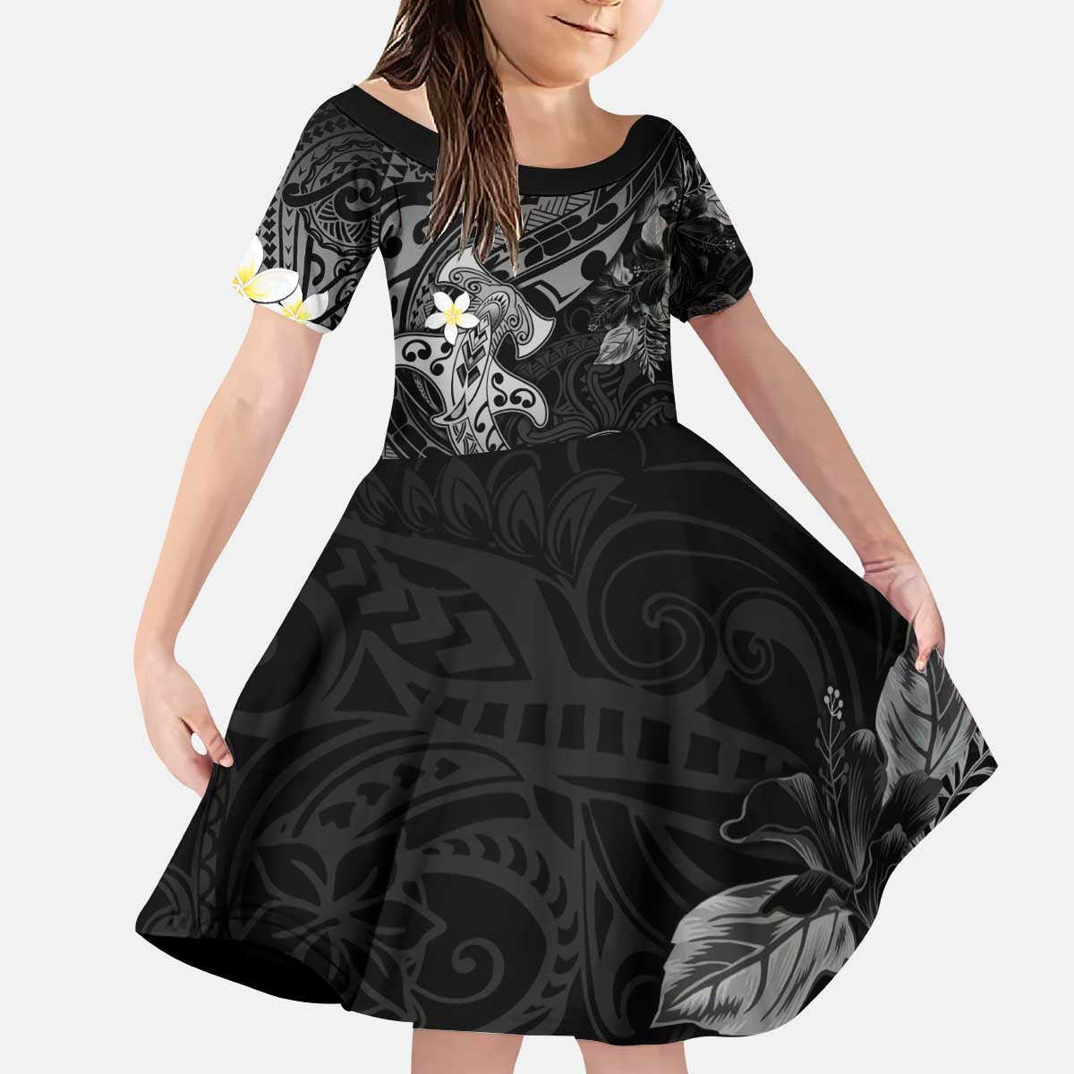 Polynesia Hammerhead Shark Kid Short Sleeve Dress Tropical Flowers Tribal Pattern Black LT05 KID Black - Polynesian Pride