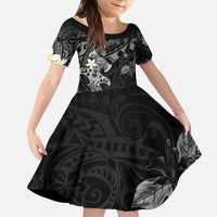 Polynesia Hammerhead Shark Kid Short Sleeve Dress Tropical Flowers Tribal Pattern Black LT05 KID Black - Polynesian Pride