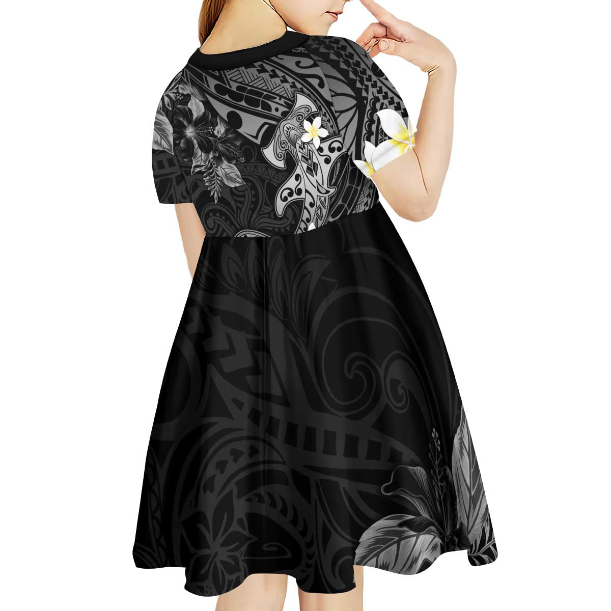 Polynesia Hammerhead Shark Kid Short Sleeve Dress Tropical Flowers Tribal Pattern Black LT05 - Polynesian Pride