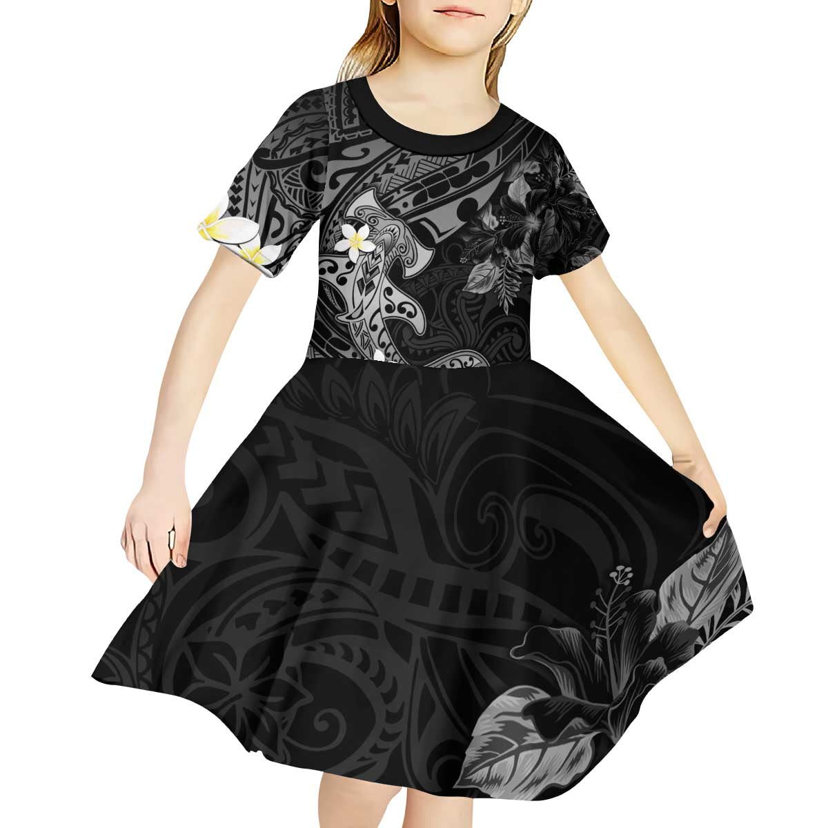 Polynesia Hammerhead Shark Kid Short Sleeve Dress Tropical Flowers Tribal Pattern Black LT05 - Polynesian Pride