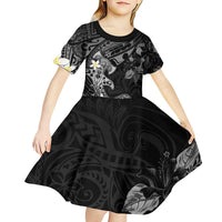 Polynesia Hammerhead Shark Kid Short Sleeve Dress Tropical Flowers Tribal Pattern Black LT05 - Polynesian Pride