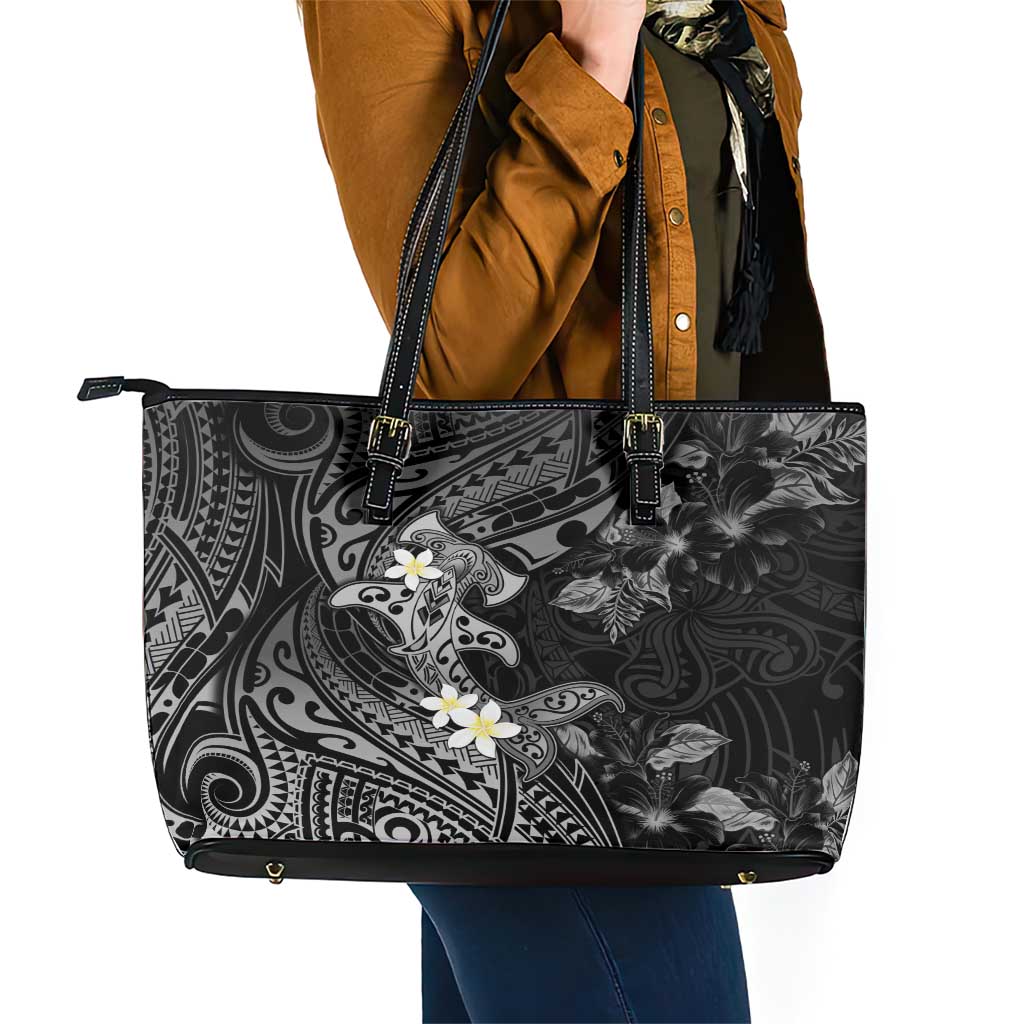 Polynesia Hammerhead Shark Leather Tote Bag Tropical Flowers Tribal Pattern Black
