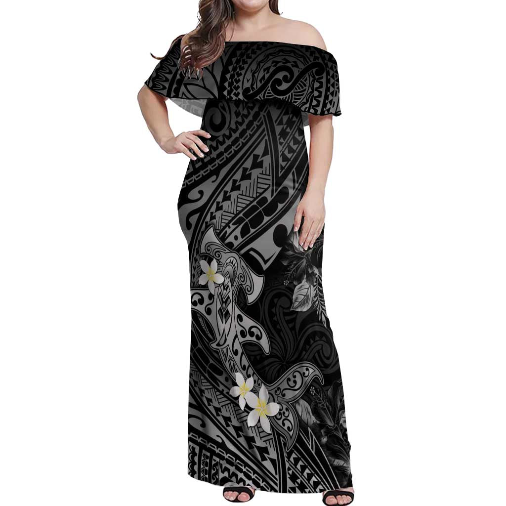 Polynesia Hammerhead Shark Off Shoulder Maxi Dress Tropical Flowers Tribal Pattern Black LT05 Women Black - Polynesian Pride