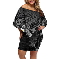 Polynesia Hammerhead Shark Off Shoulder Short Dress Tropical Flowers Tribal Pattern Black LT05 Women Black - Polynesian Pride