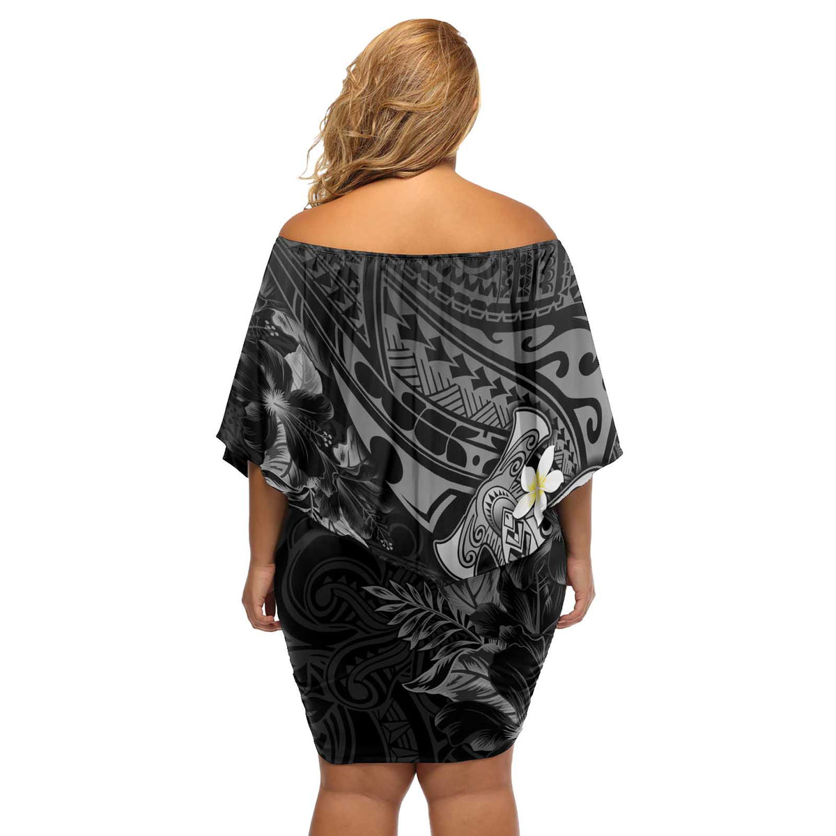 Polynesia Hammerhead Shark Off Shoulder Short Dress Tropical Flowers Tribal Pattern Black LT05 - Polynesian Pride