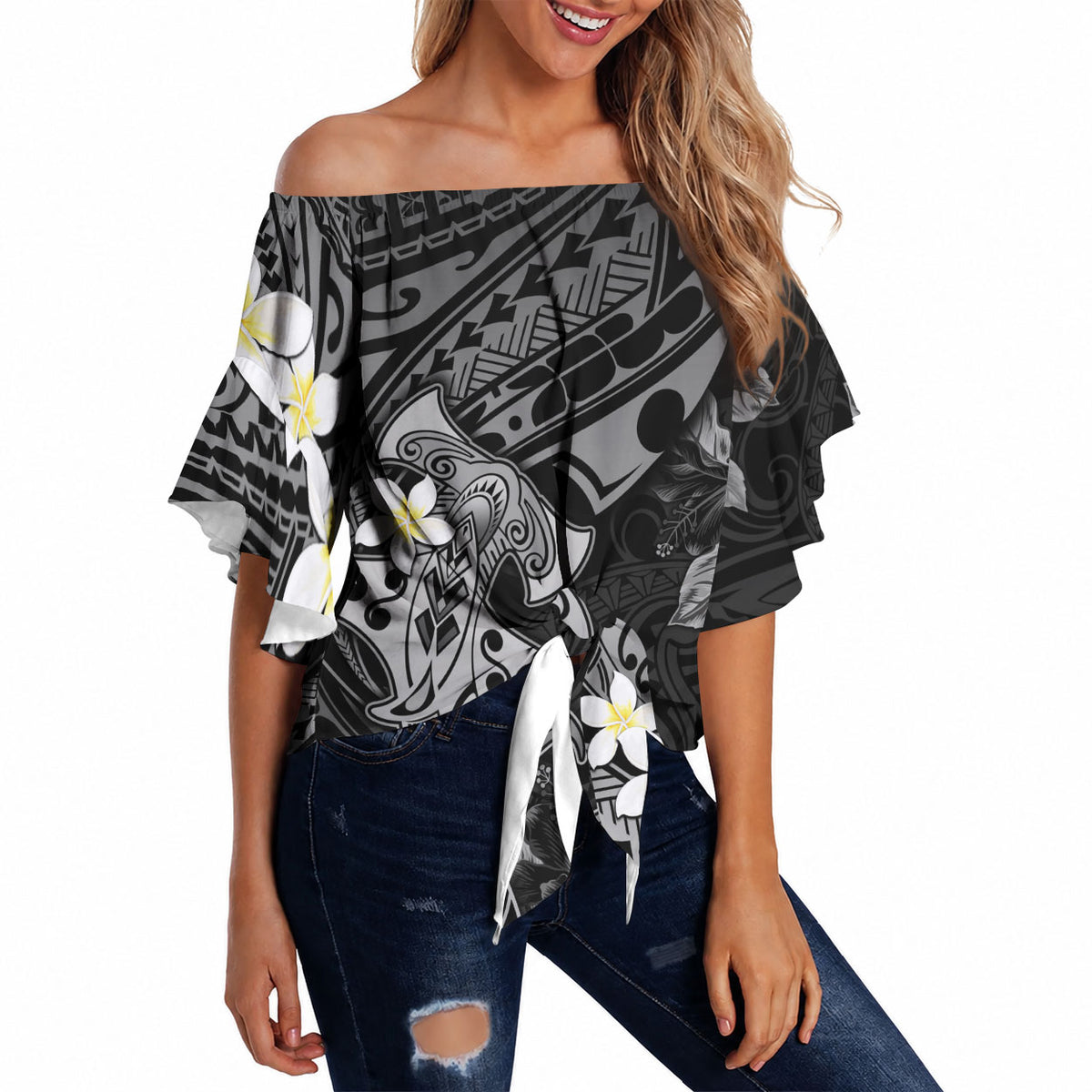 Polynesia Hammerhead Shark Off Shoulder Wrap Waist Top Tropical Flowers Tribal Pattern Black LT05 - Polynesian Pride