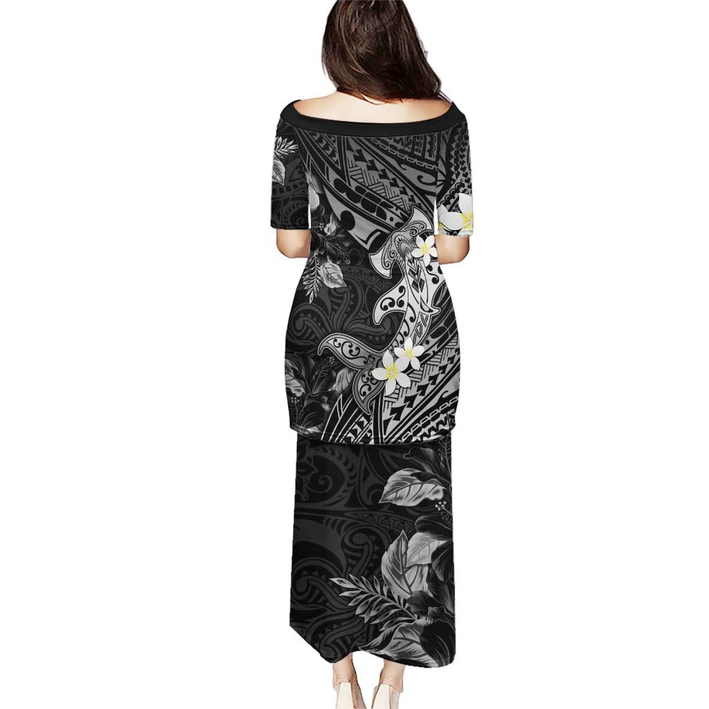 Polynesia Hammerhead Shark Puletasi Tropical Flowers Tribal Pattern Black