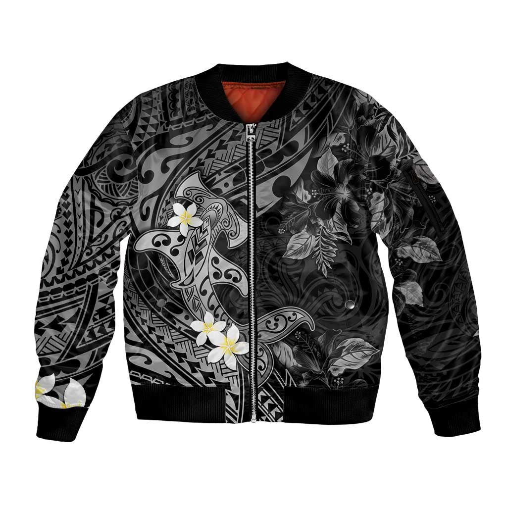 Polynesia Hammerhead Shark Sleeve Zip Bomber Jacket Tropical Flowers Tribal Pattern Black LT05 Unisex Black - Polynesian Pride