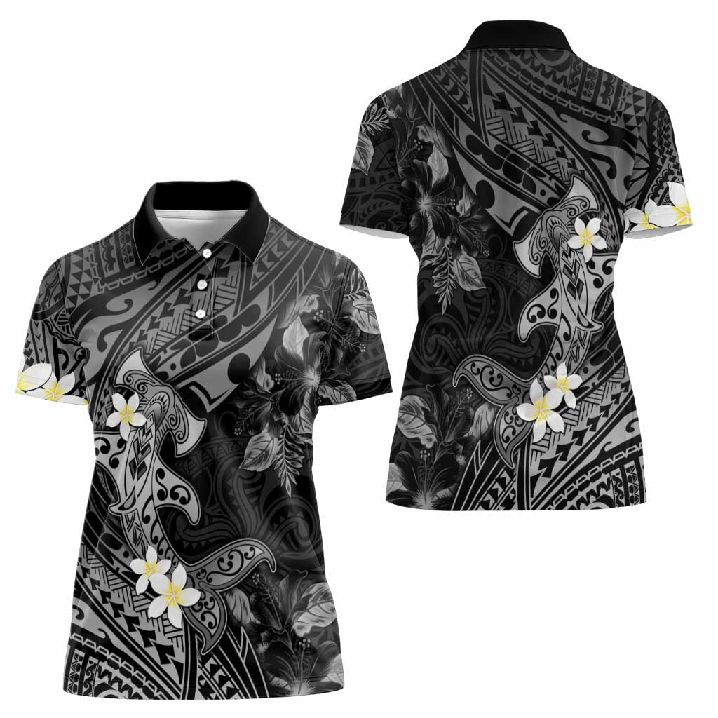 Polynesia Hammerhead Shark Women Polo Shirt Tropical Flowers Tribal Pattern Black