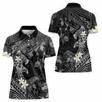 Polynesia Hammerhead Shark Women Polo Shirt Tropical Flowers Tribal Pattern Black