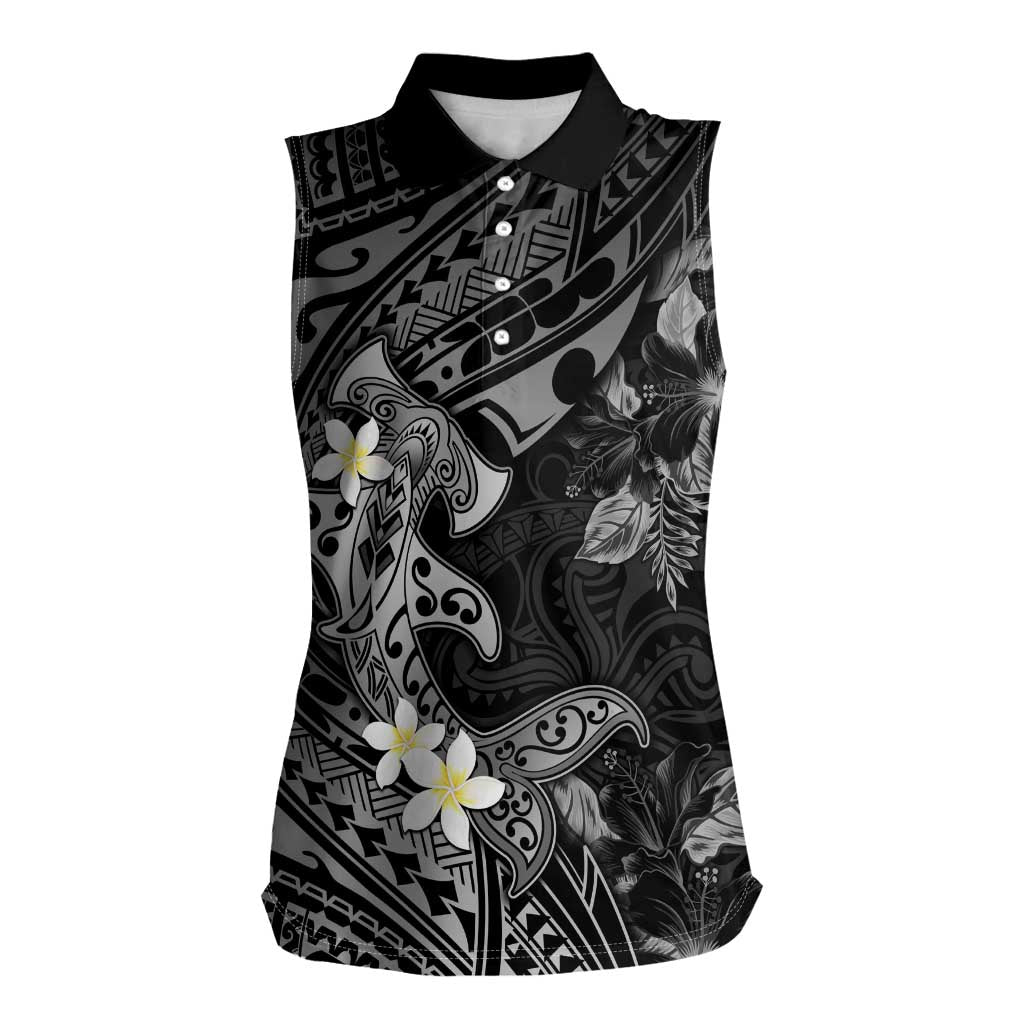 Polynesia Hammerhead Shark Women Sleeveless Polo Shirt Tropical Flowers Tribal Pattern Black LT05 Female Black - Polynesian Pride