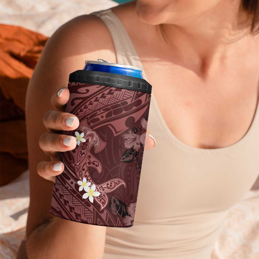 Polynesia Hammerhead Shark 4 in 1 Can Cooler Tumbler Tropical Flowers Tribal Pattern Oxblood