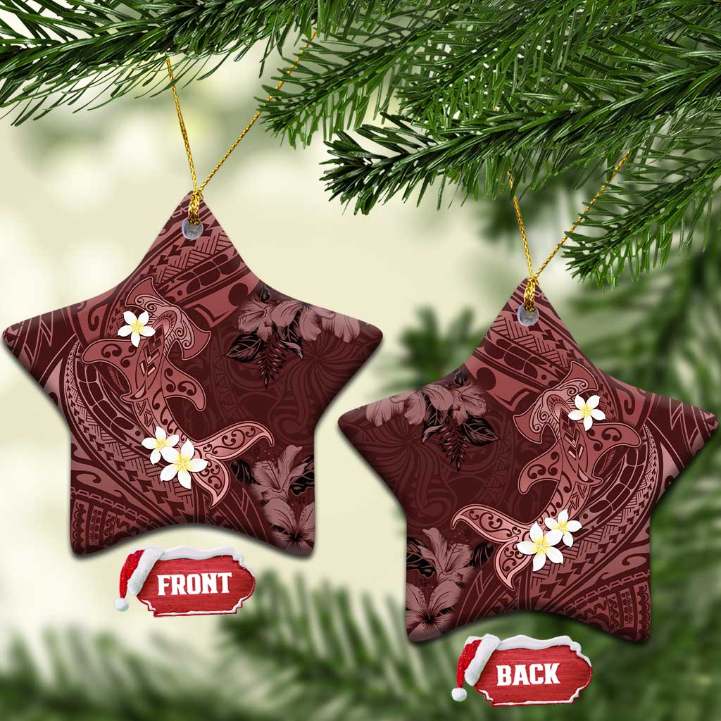 Polynesia Hammerhead Shark Ceramic Ornament Tropical Flowers Tribal Pattern Oxblood