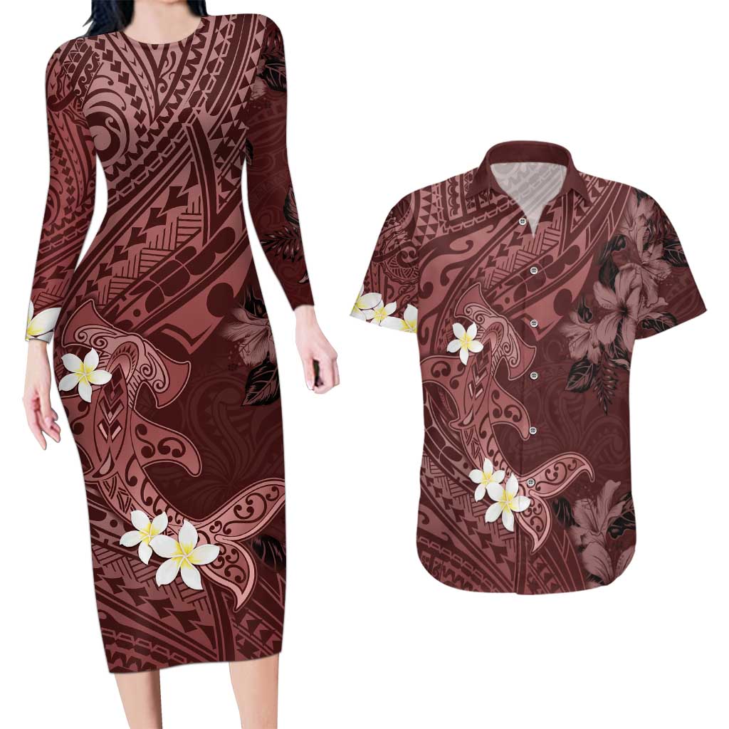 Polynesia Hammerhead Shark Couples Matching Long Sleeve Bodycon Dress and Hawaiian Shirt Tropical Flowers Tribal Pattern Oxblood LT05 Oxblood - Polynesian Pride