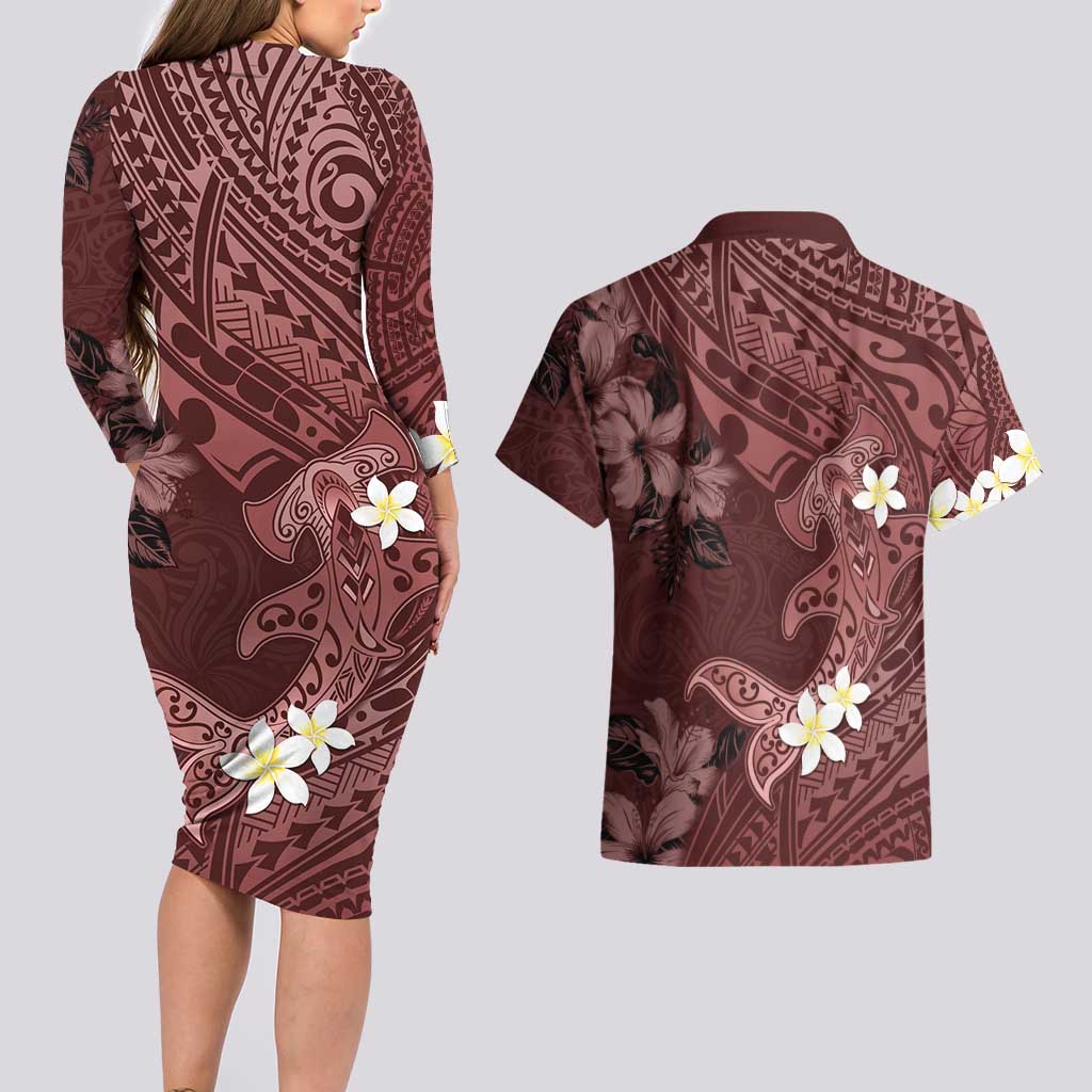 Polynesia Hammerhead Shark Couples Matching Long Sleeve Bodycon Dress and Hawaiian Shirt Tropical Flowers Tribal Pattern Oxblood LT05 - Polynesian Pride