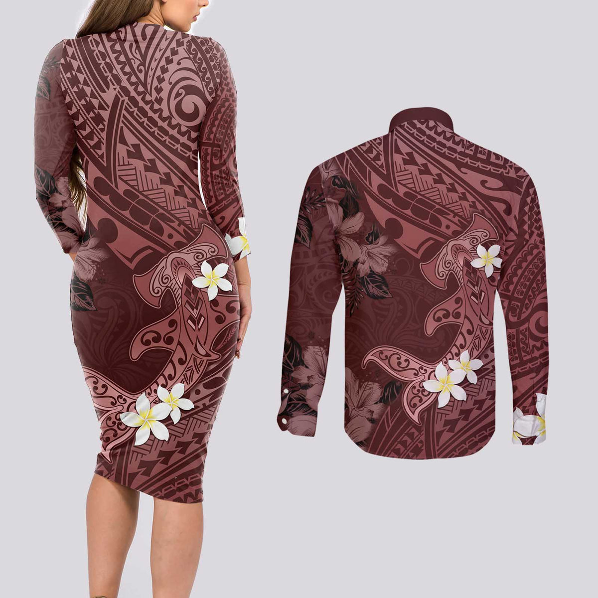 Polynesia Hammerhead Shark Couples Matching Long Sleeve Bodycon Dress and Long Sleeve Button Shirt Tropical Flowers Tribal Pattern Oxblood