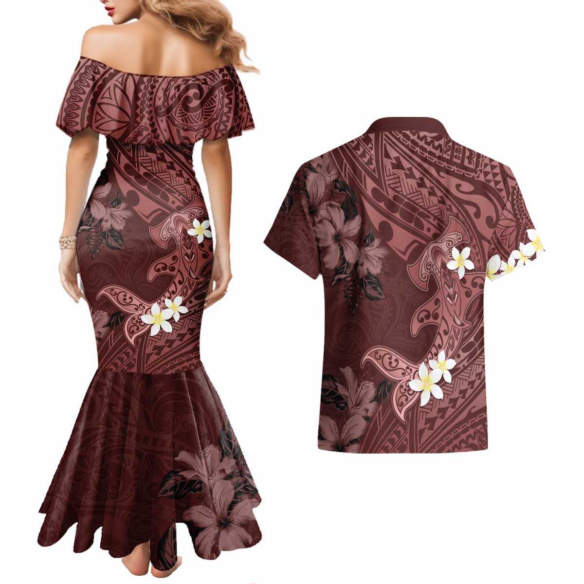 Polynesia Hammerhead Shark Couples Matching Mermaid Dress and Hawaiian Shirt Tropical Flowers Tribal Pattern Oxblood LT05 - Polynesian Pride