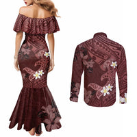 Polynesia Hammerhead Shark Couples Matching Mermaid Dress and Long Sleeve Button Shirt Tropical Flowers Tribal Pattern Oxblood