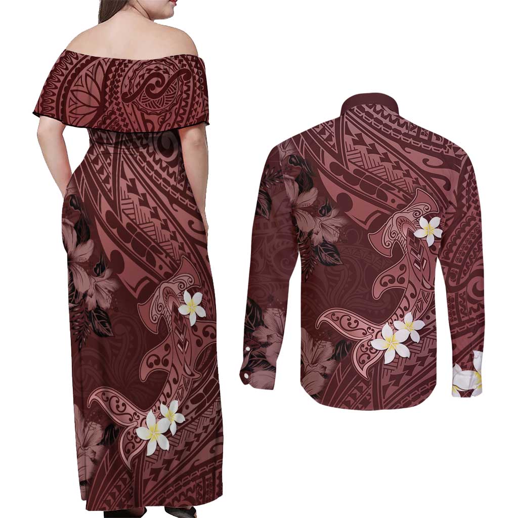 Polynesia Hammerhead Shark Couples Matching Off Shoulder Maxi Dress and Long Sleeve Button Shirt Tropical Flowers Tribal Pattern Oxblood
