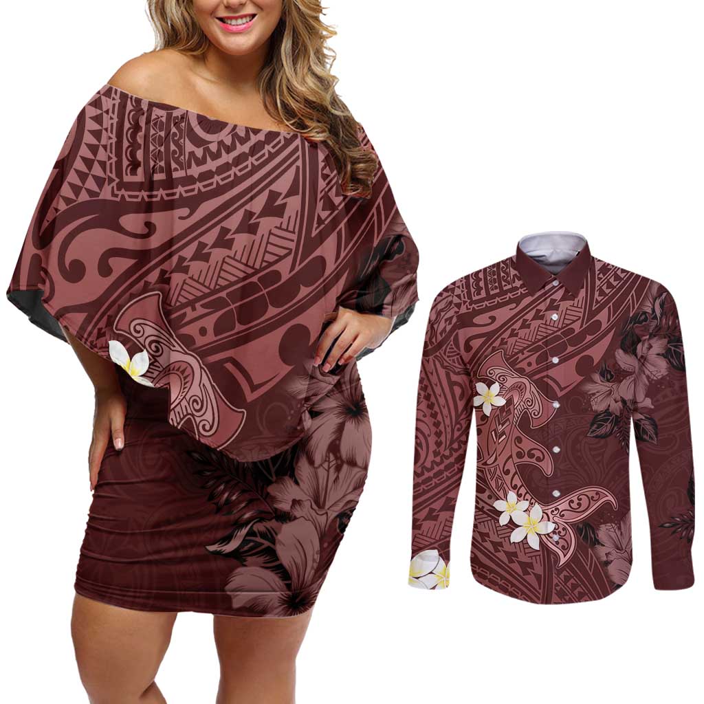 Polynesia Hammerhead Shark Couples Matching Off Shoulder Short Dress and Long Sleeve Button Shirt Tropical Flowers Tribal Pattern Oxblood