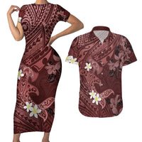 Polynesia Hammerhead Shark Couples Matching Short Sleeve Bodycon Dress and Hawaiian Shirt Tropical Flowers Tribal Pattern Oxblood LT05 Oxblood - Polynesian Pride