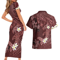 Polynesia Hammerhead Shark Couples Matching Short Sleeve Bodycon Dress and Hawaiian Shirt Tropical Flowers Tribal Pattern Oxblood LT05 - Polynesian Pride