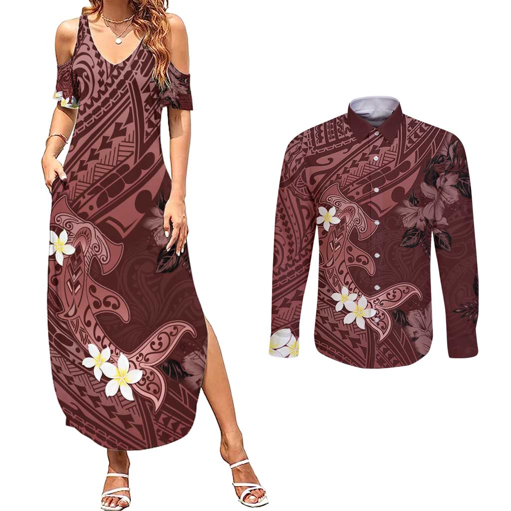 Polynesia Hammerhead Shark Couples Matching Summer Maxi Dress and Long Sleeve Button Shirt Tropical Flowers Tribal Pattern Oxblood