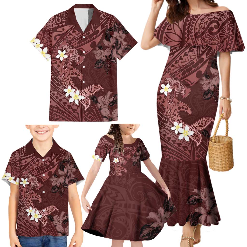 Polynesia Hammerhead Shark Family Matching Mermaid Dress and Hawaiian Shirt Tropical Flowers Tribal Pattern Oxblood LT05 - Polynesian Pride