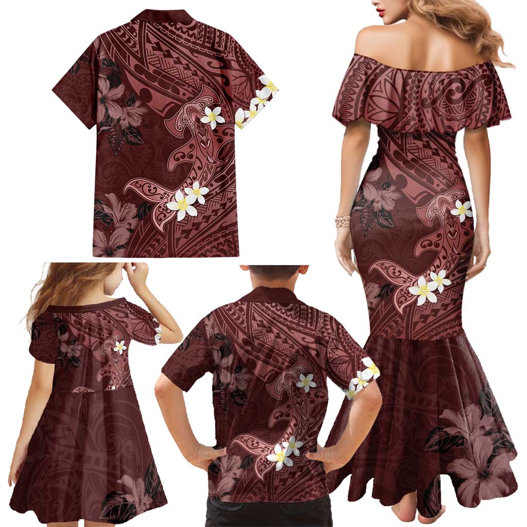 Polynesia Hammerhead Shark Family Matching Mermaid Dress and Hawaiian Shirt Tropical Flowers Tribal Pattern Oxblood LT05 - Polynesian Pride