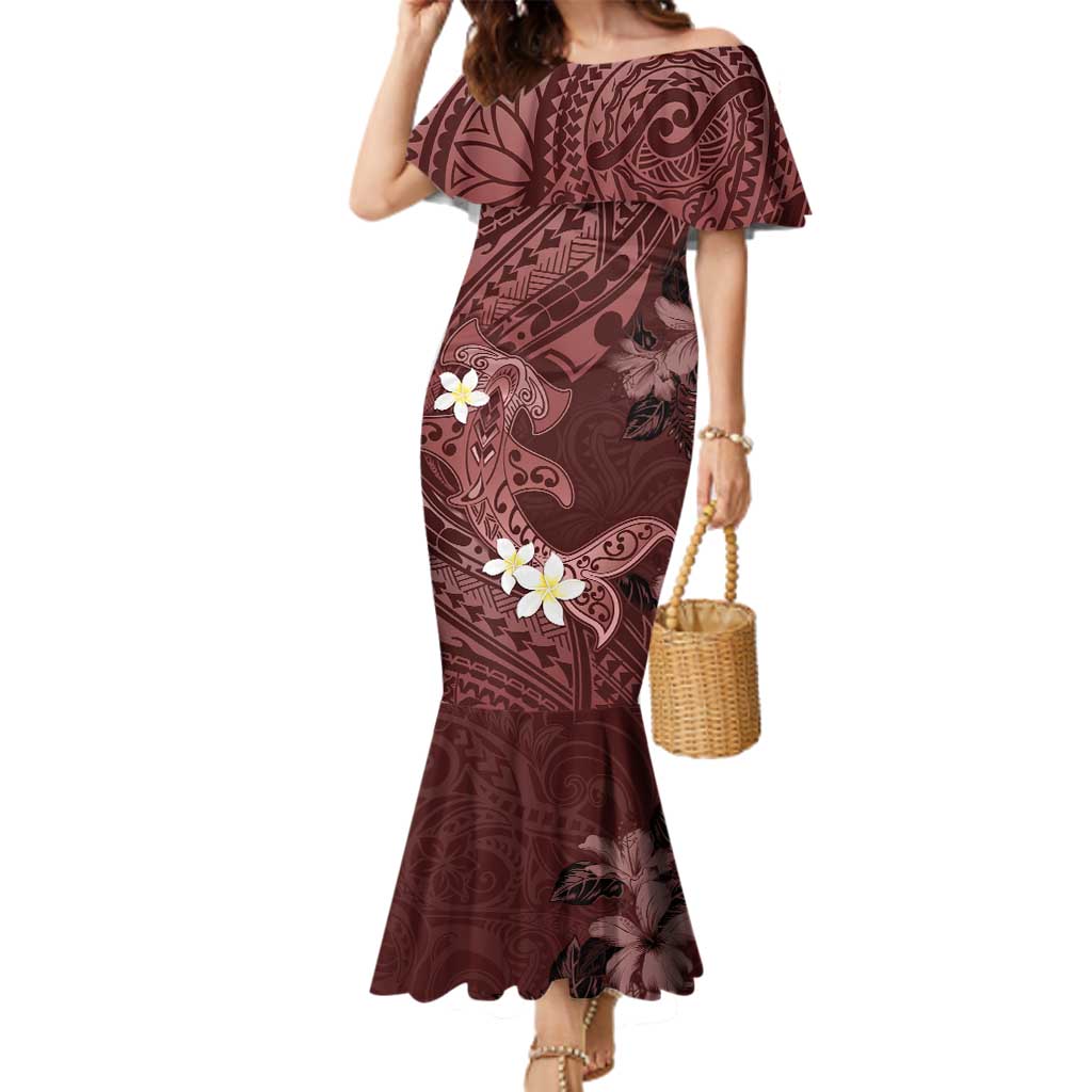 Polynesia Hammerhead Shark Family Matching Mermaid Dress and Hawaiian Shirt Tropical Flowers Tribal Pattern Oxblood LT05 Mom's Dress Oxblood - Polynesian Pride
