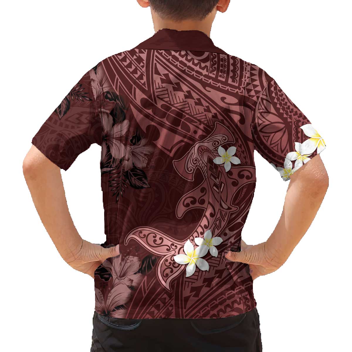 Polynesia Hammerhead Shark Family Matching Off The Shoulder Long Sleeve Dress and Hawaiian Shirt Tropical Flowers Tribal Pattern Oxblood LT05 - Polynesian Pride