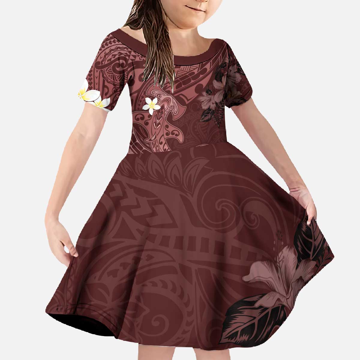 Polynesia Hammerhead Shark Family Matching Off The Shoulder Long Sleeve Dress and Hawaiian Shirt Tropical Flowers Tribal Pattern Oxblood LT05 Daughter's Dress Oxblood - Polynesian Pride