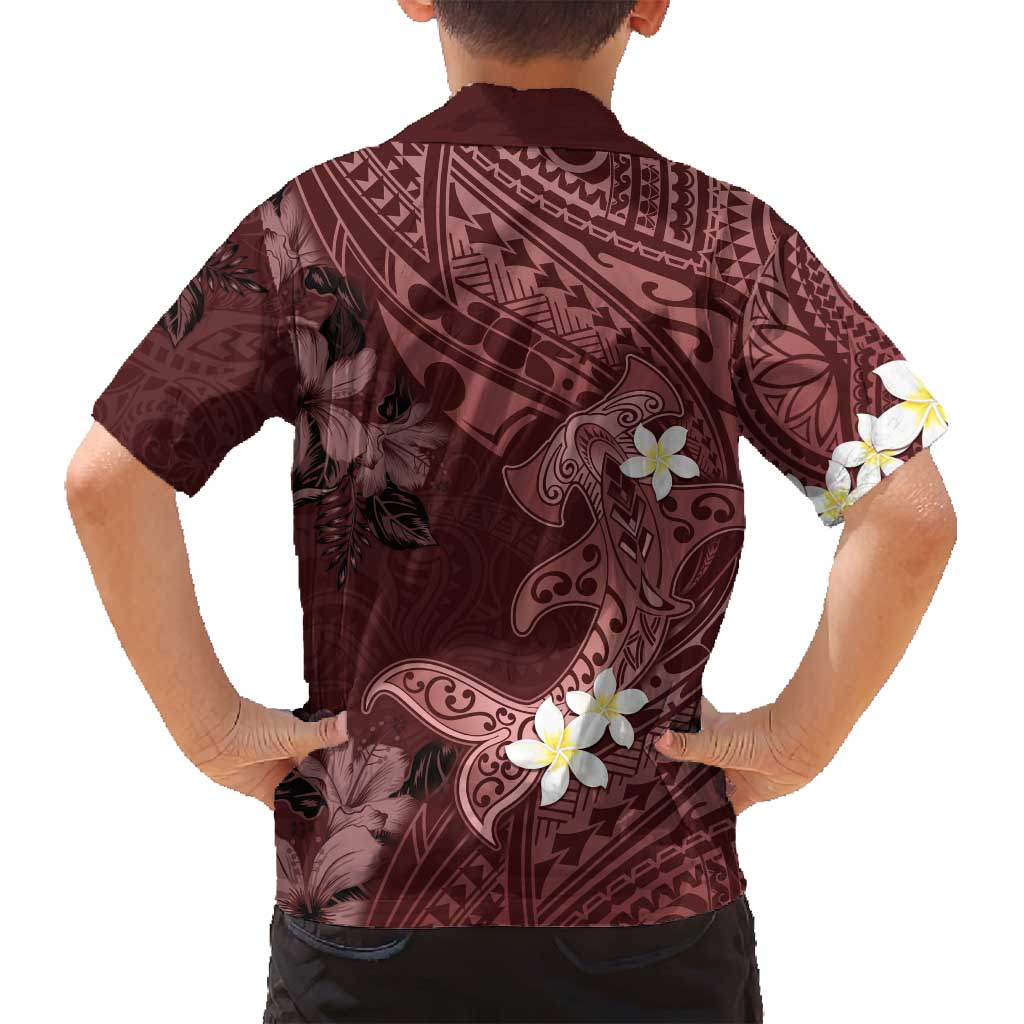 Polynesia Hammerhead Shark Family Matching Off Shoulder Maxi Dress and Hawaiian Shirt Tropical Flowers Tribal Pattern Oxblood LT05 - Polynesian Pride