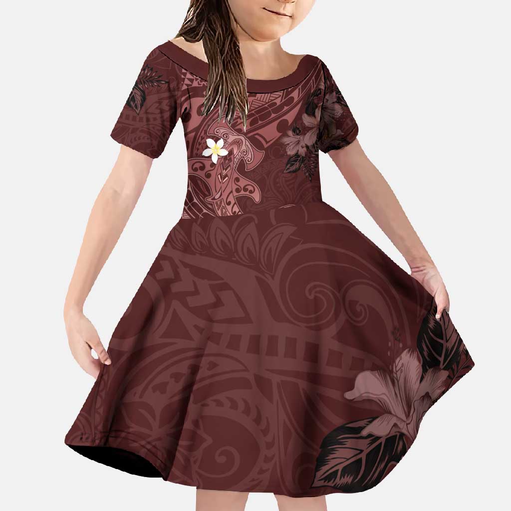Polynesia Hammerhead Shark Family Matching Off Shoulder Maxi Dress and Hawaiian Shirt Tropical Flowers Tribal Pattern Oxblood LT05 Daughter's Dress Oxblood - Polynesian Pride