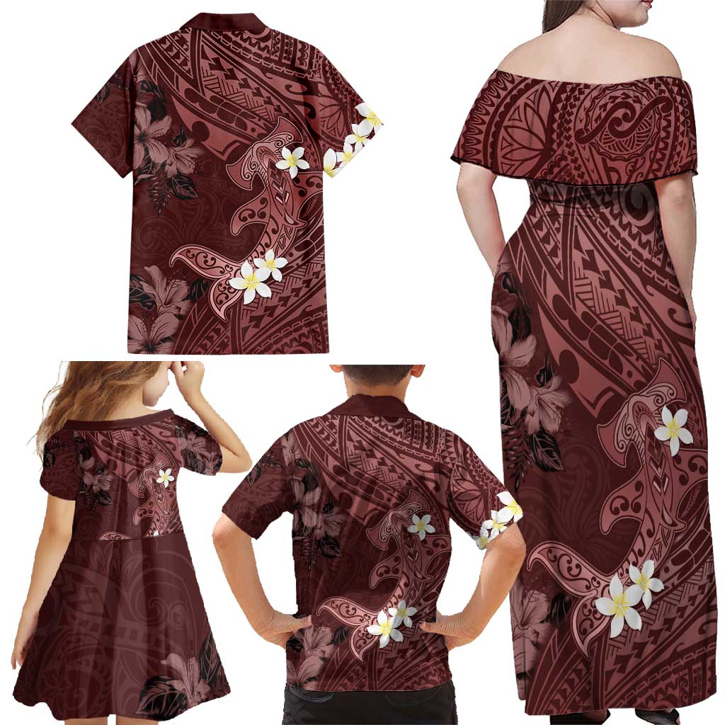 Polynesia Hammerhead Shark Family Matching Off Shoulder Maxi Dress and Hawaiian Shirt Tropical Flowers Tribal Pattern Oxblood LT05 - Polynesian Pride