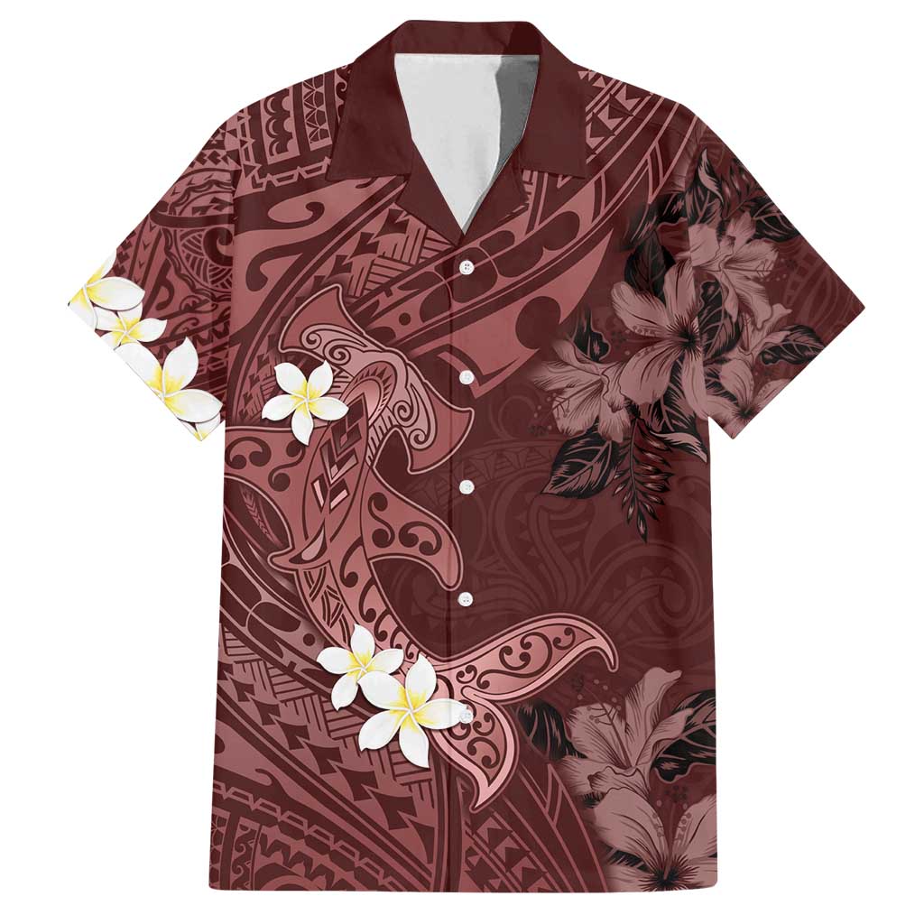 Polynesia Hammerhead Shark Family Matching Off Shoulder Maxi Dress and Hawaiian Shirt Tropical Flowers Tribal Pattern Oxblood LT05 Dad's Shirt - Short Sleeve Oxblood - Polynesian Pride