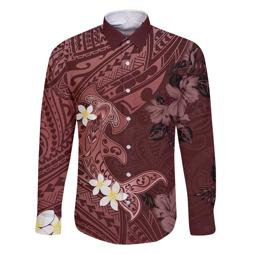 Polynesia Hammerhead Shark Family Matching Off Shoulder Maxi Dress and Hawaiian Shirt Tropical Flowers Tribal Pattern Oxblood LT05 Dad's Shirt - Long Sleeve Oxblood - Polynesian Pride