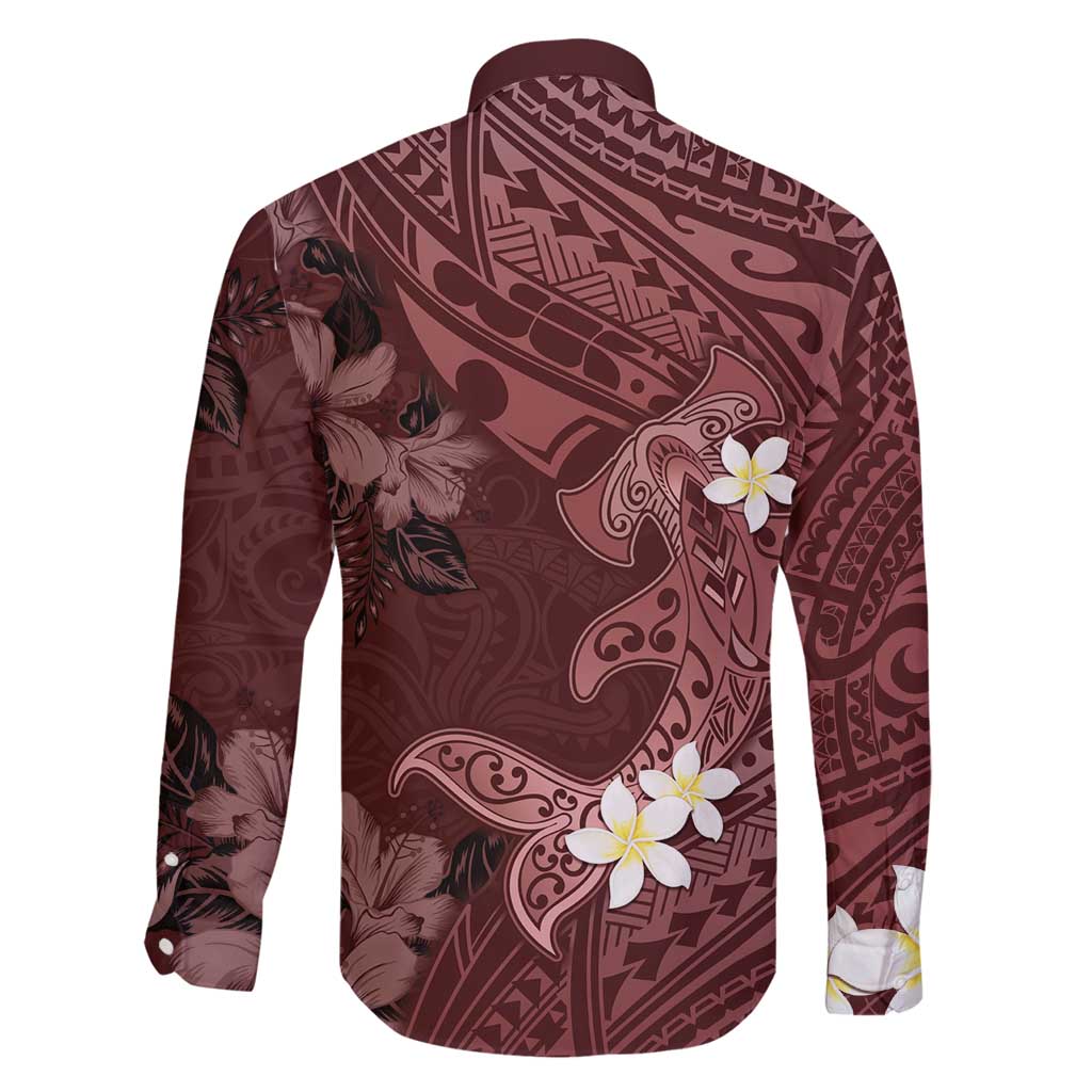 Polynesia Hammerhead Shark Family Matching Off Shoulder Maxi Dress and Hawaiian Shirt Tropical Flowers Tribal Pattern Oxblood LT05 - Polynesian Pride