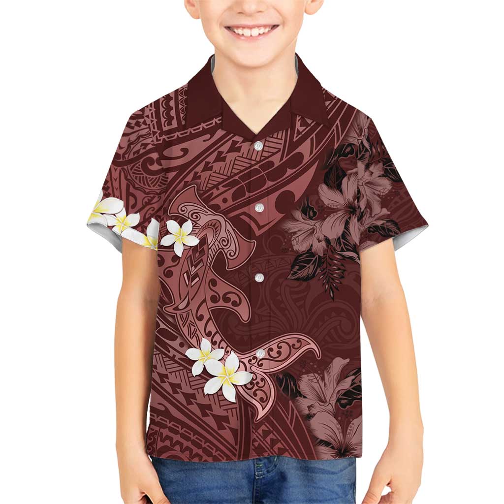 Polynesia Hammerhead Shark Family Matching Off Shoulder Maxi Dress and Hawaiian Shirt Tropical Flowers Tribal Pattern Oxblood LT05 Son's Shirt Oxblood - Polynesian Pride