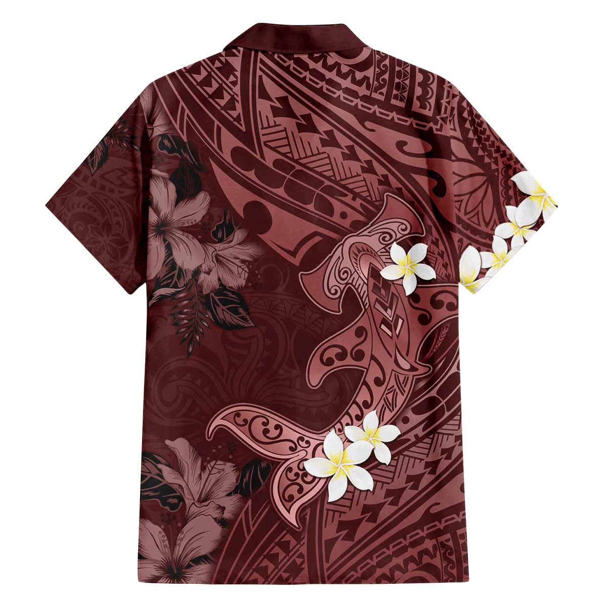 Polynesia Hammerhead Shark Family Matching Off Shoulder Short Dress and Hawaiian Shirt Tropical Flowers Tribal Pattern Oxblood