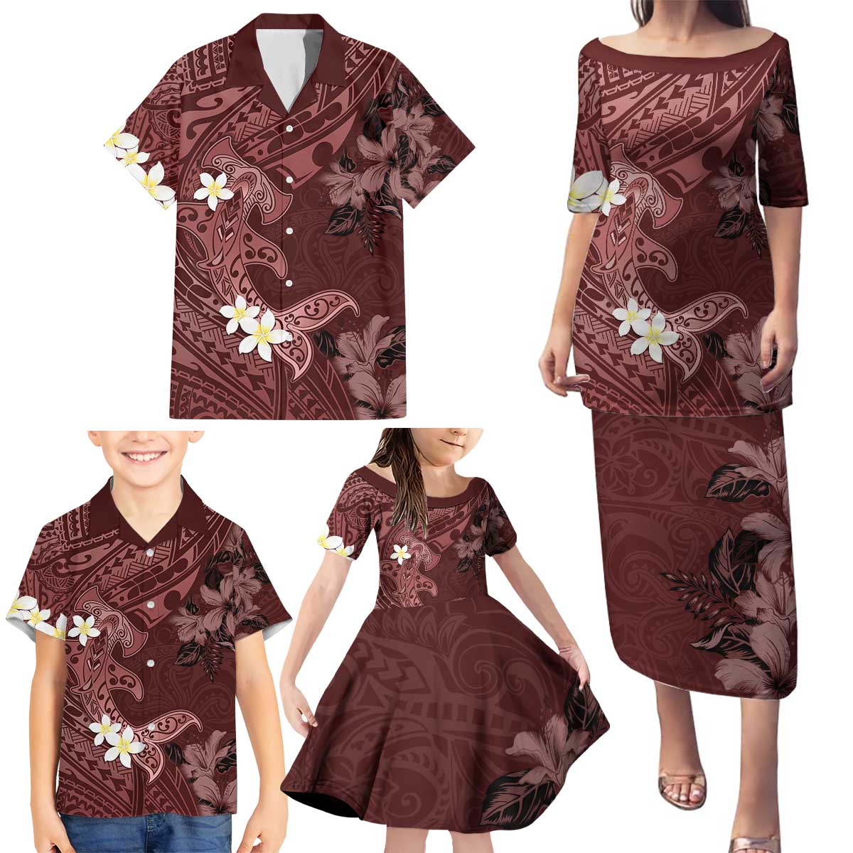 Polynesia Hammerhead Shark Family Matching Puletasi and Hawaiian Shirt Tropical Flowers Tribal Pattern Oxblood LT05 - Polynesian Pride