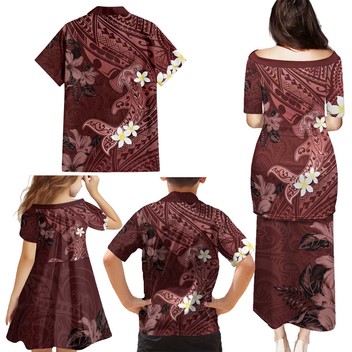 Polynesia Hammerhead Shark Family Matching Puletasi and Hawaiian Shirt Tropical Flowers Tribal Pattern Oxblood LT05 - Polynesian Pride