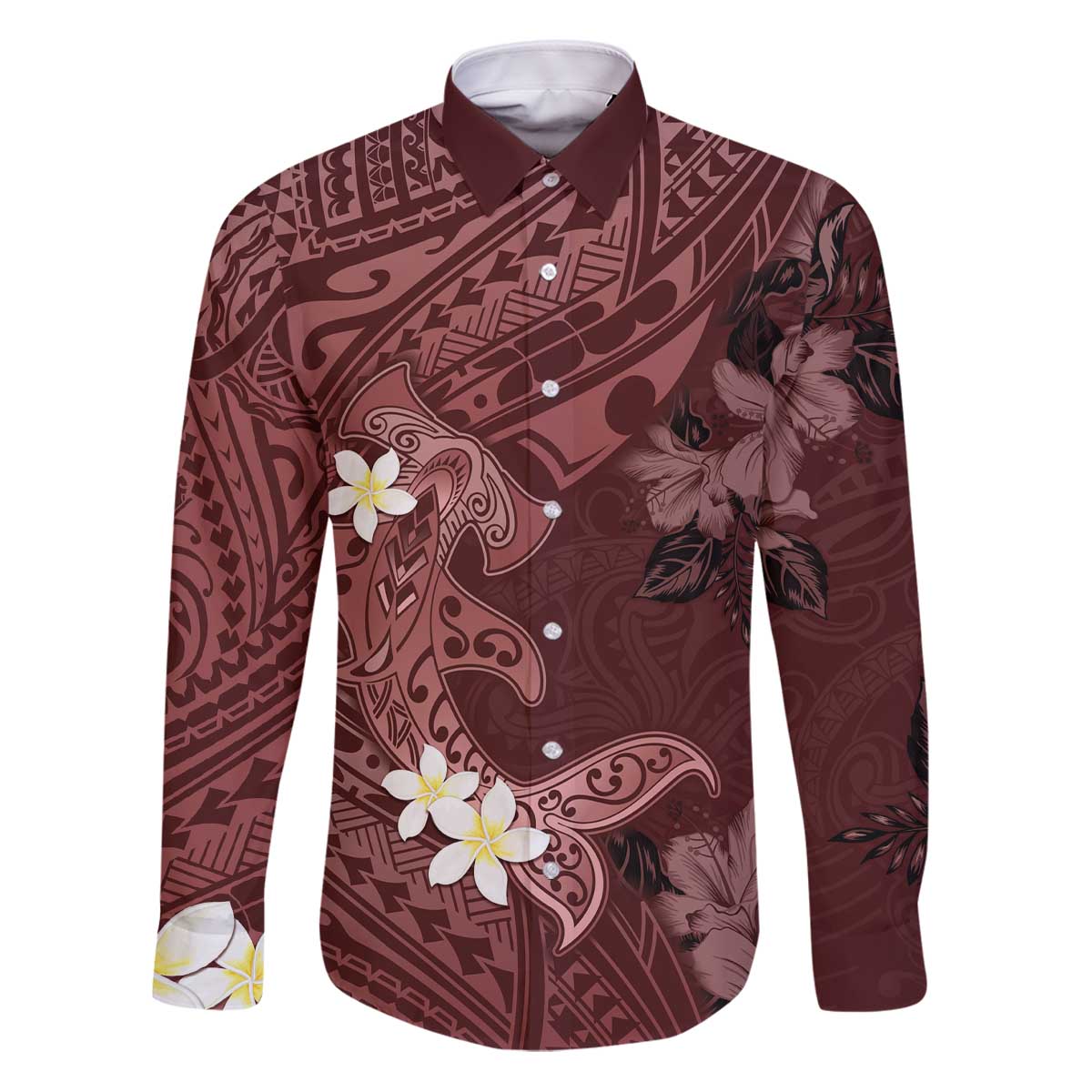Polynesia Hammerhead Shark Family Matching Puletasi and Hawaiian Shirt Tropical Flowers Tribal Pattern Oxblood LT05 Dad's Shirt - Long Sleeve Oxblood - Polynesian Pride
