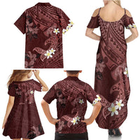 Polynesia Hammerhead Shark Family Matching Summer Maxi Dress and Hawaiian Shirt Tropical Flowers Tribal Pattern Oxblood