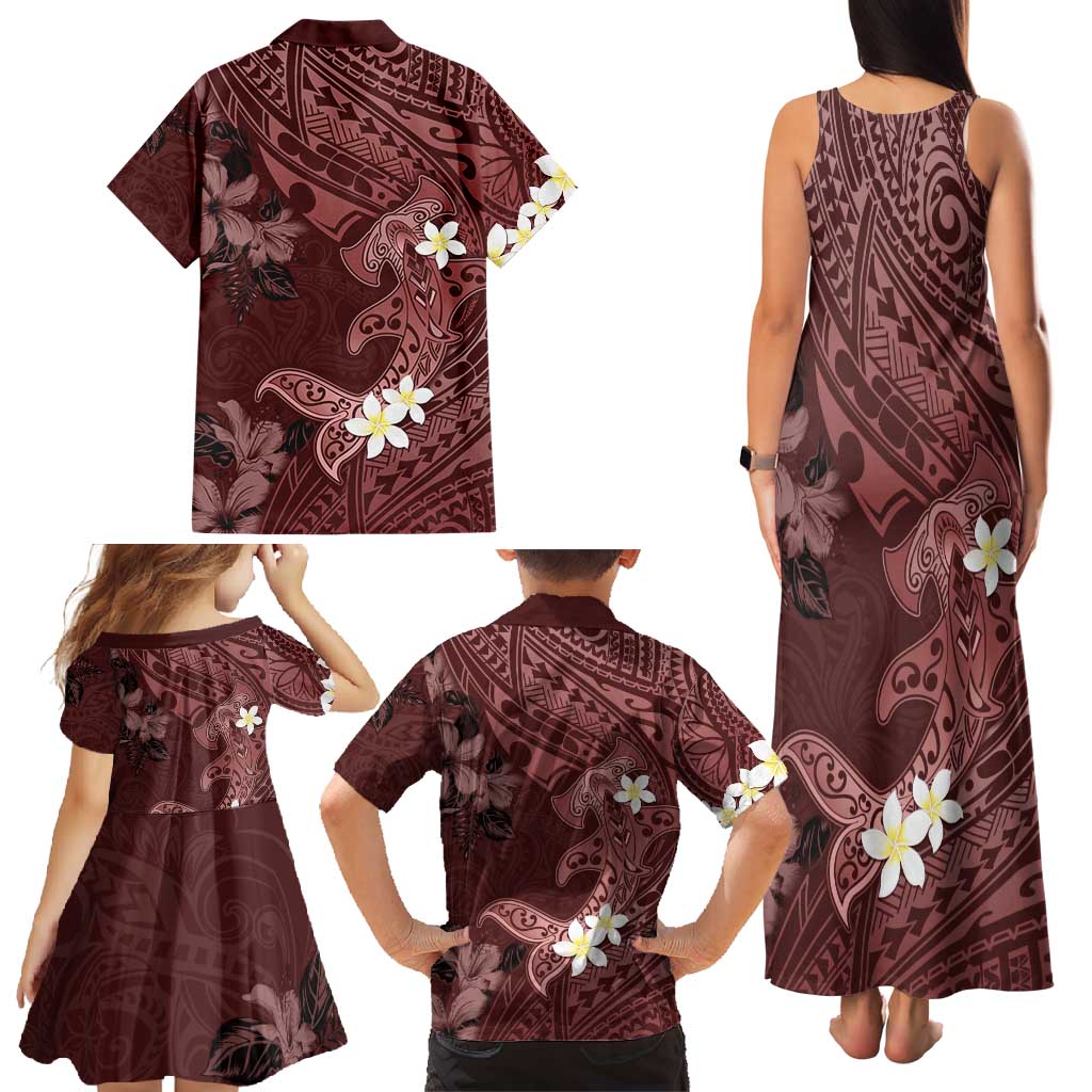Polynesia Hammerhead Shark Family Matching Tank Maxi Dress and Hawaiian Shirt Tropical Flowers Tribal Pattern Oxblood
