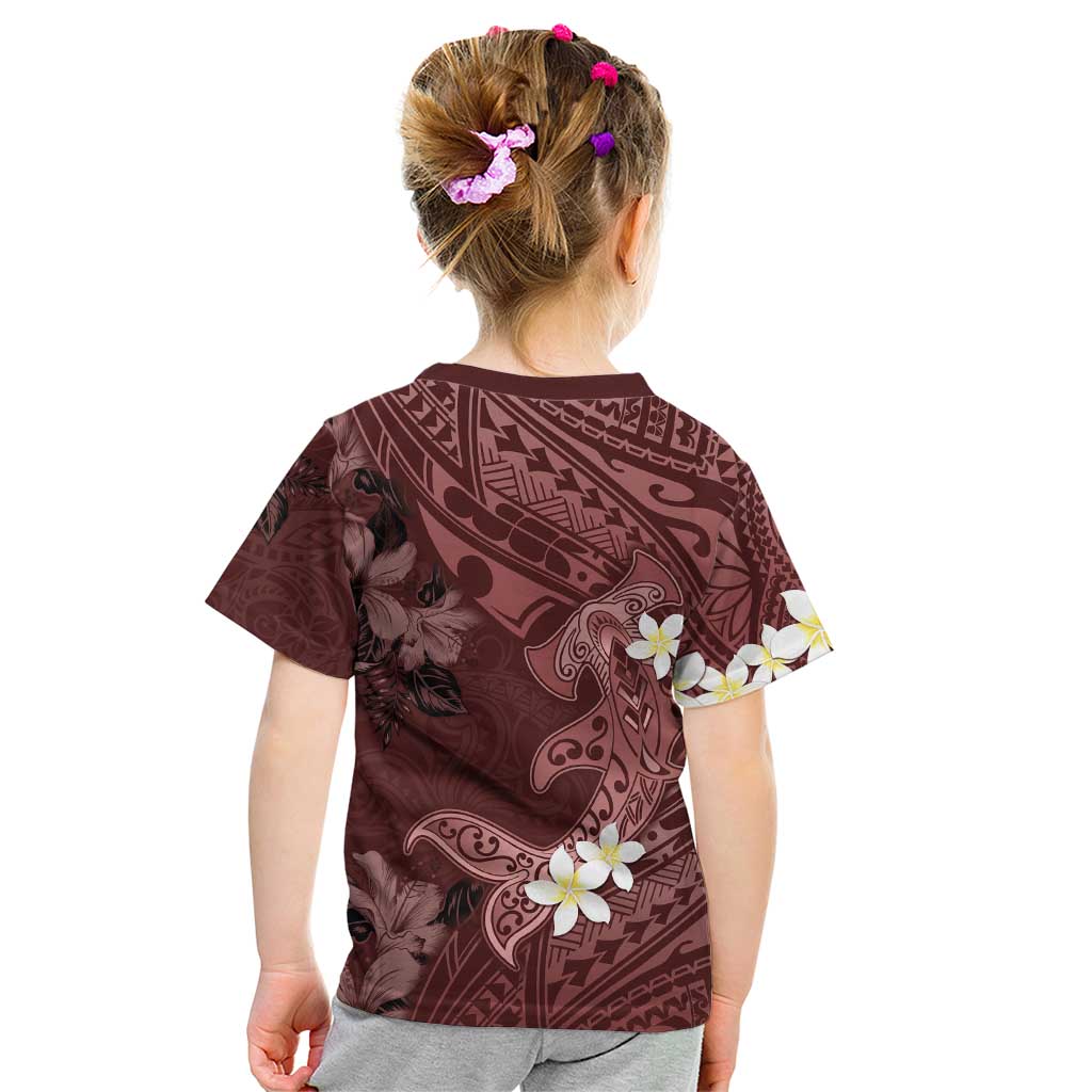 Polynesia Hammerhead Shark Kid T Shirt Tropical Flowers Tribal Pattern Oxblood LT05 - Polynesian Pride